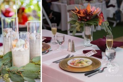 two photos of a wedding reception showing centerpieces with shells and leaves and the sweetheart table decor