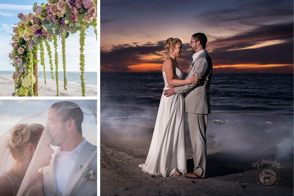 Carol Bender's wedding on Palm Island - collage of bride and groom beach photos