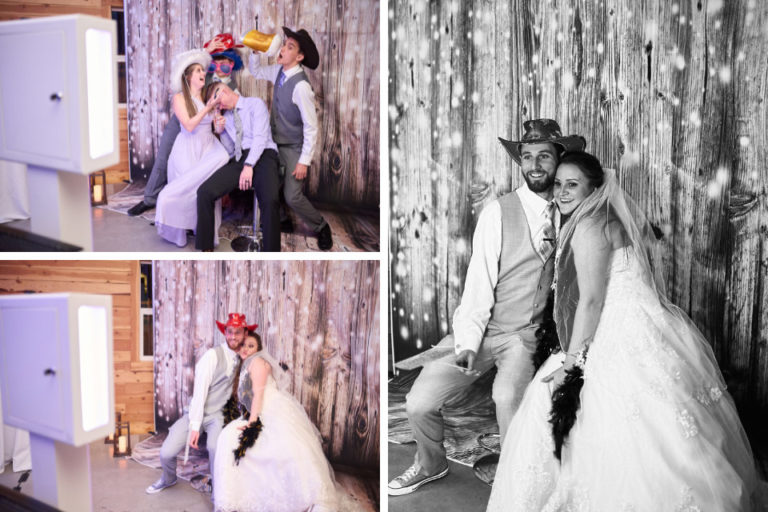 bride, groom and guests having fun with a photo booth at a wedding reception