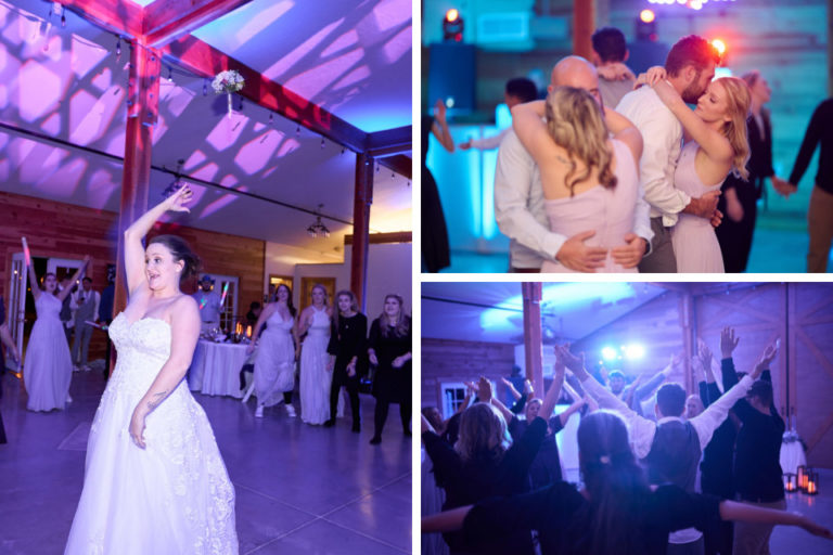 collaged photos of bride tossing bouquet and guests dancing at a wedding reception