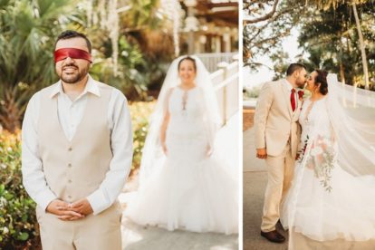 two Fort Myers Wedding photos - one of the first look and the other of the bride and groom kissing as the veil flies in the wind