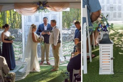 two wedding ceremony photos showing the decor and the bride and groom standing at the front