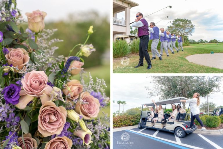 groomsmen holding golf clubs, bridesmaids riding on a golf cart, and a beautiful bouquet of flowers
