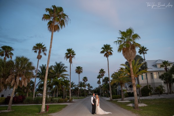 bride and groom at dusk standing in the midst of tall palm trees on Palm Island at Katie Laun's wedding