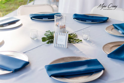 table table at a nautical themed outdoor wedding reception with blue napkins