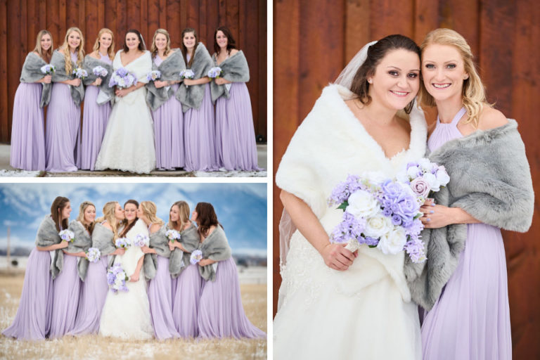 bride and her bridesmaids in light purple gowns with faux fur shawls