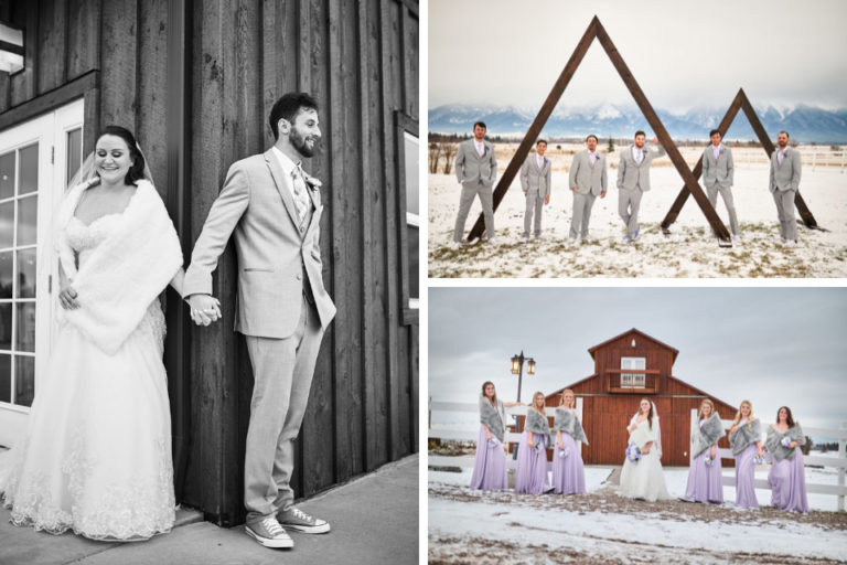 collaged photos of bride and groom's frist look, bridesmaids and groomsmen in mountainous scenery