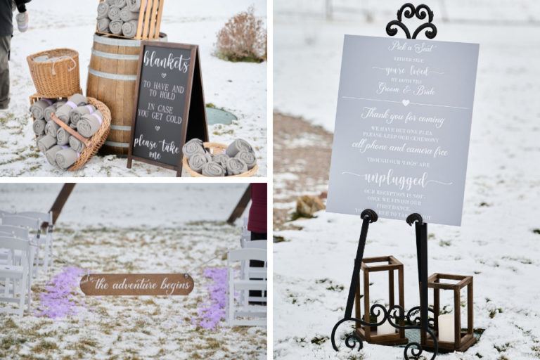 collaged photos of blankets for wedding guests, sign requesting an unplugged ceremony, and another sign hung across the aisle