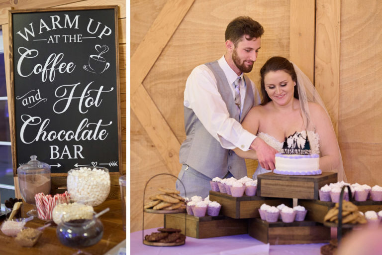 collaged photos of bride and groom cutting their wedding cake and a sign for a coffee and hot chocolate bar