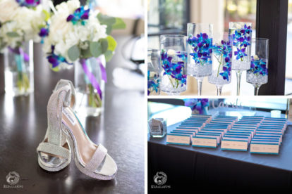 wedding decorations, flowers, place cards and shoes