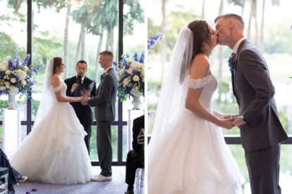 wedding ceremony in a resort hotel ballroom with bride and groom standing at the altar and kissing