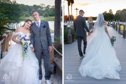 bride and groom in Orlando Florida standing on a dock