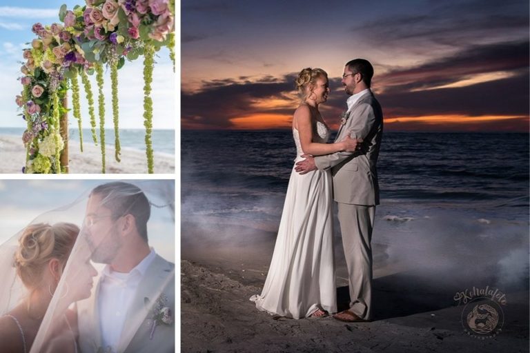 three beach wedding photos showing the flower-draped arbor and the bride and groom at sunset