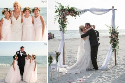 three beach wedding photos showing the bride and groom during the ceremony and photos of them with the junior bridesmaids