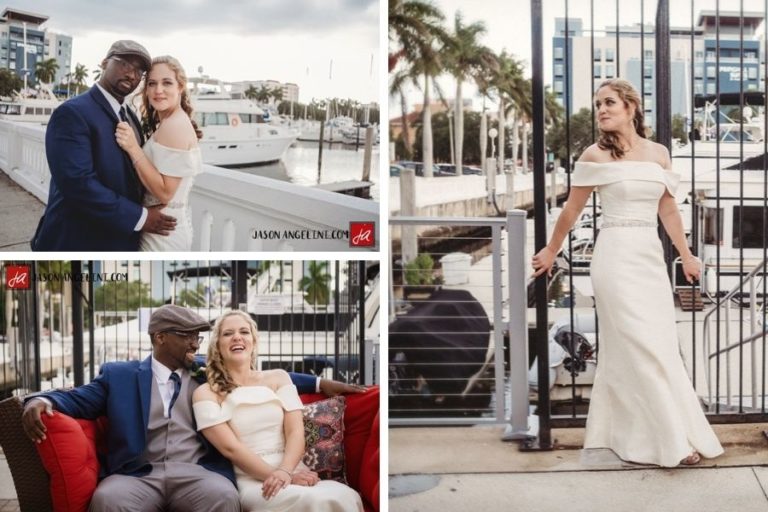 three collaged photos of a bride and groom at a marina