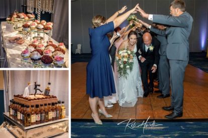 collage of three wedding reception photos showing cupcakes, the groom's cake and the guests dancing with the bride and groom