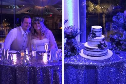 photo of bride and groom sitting at the head table with dramatic blue lighting collaged with another photo of wedding cake