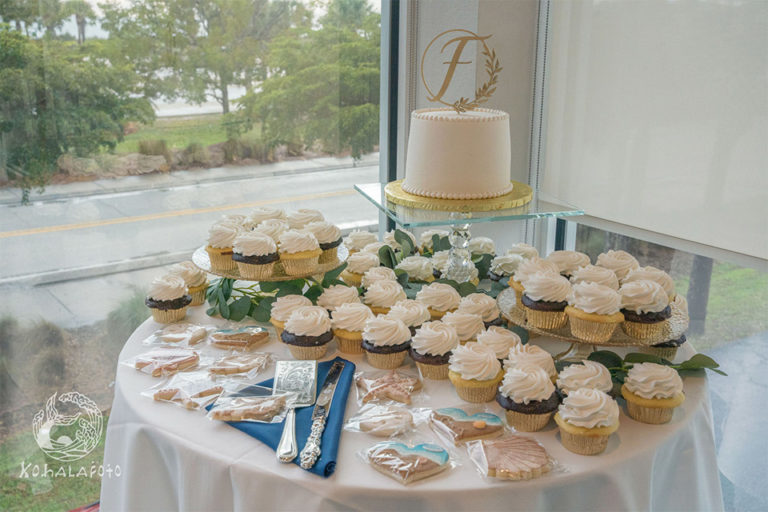 wedding cake and cupcakes at a wedding reception