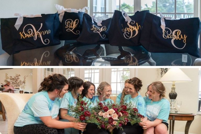photo collage showing personalized gift bags and bridesmaids with bride in Englewood Florida t-shirts holding bouquets
