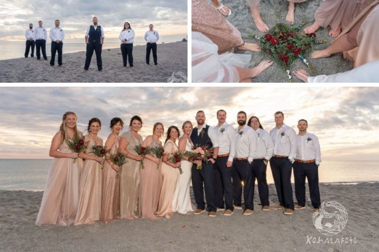 collage of bridal party wedding photos on the beach in Englewood Florida