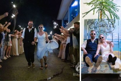collage of a photo of a bride and groom walking amidst guests waving sparklers and a photo of a bride and groom sitting in an adirondack chair at The Waverly