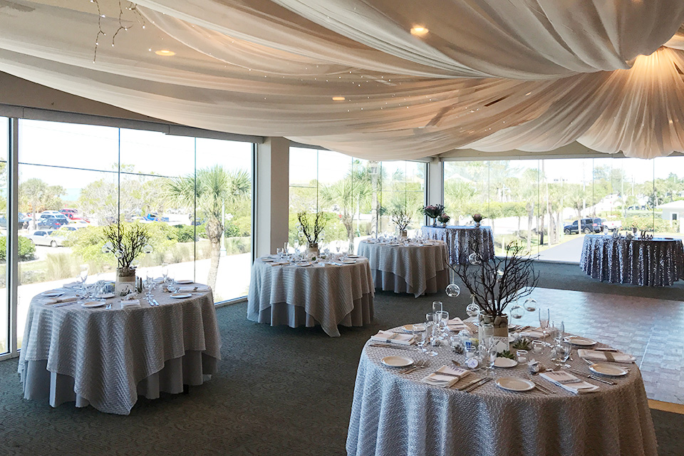 dining room decorated for a wedding at the Waverly in Englewood, Florida