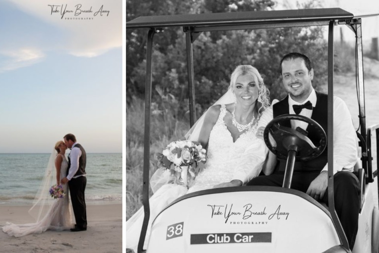 collage of two photos - one or bride and groom kissing on the beach, the other of bride and groom in a golf cart