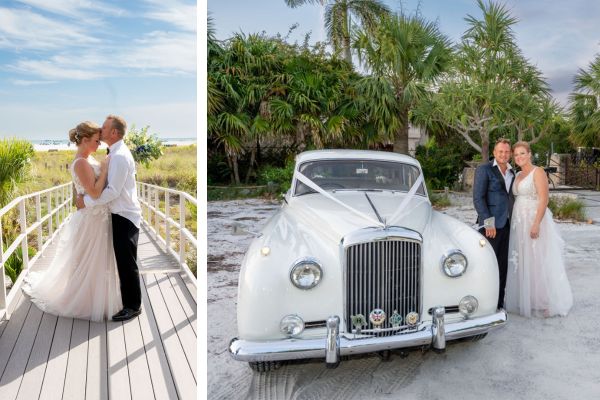 two photos of a bride and groom - one overlooking the beach, and other photo of them standing beside an antique car