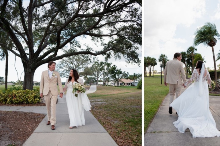 bride and groom walking hand in hand on a palm tree lined sidewalk