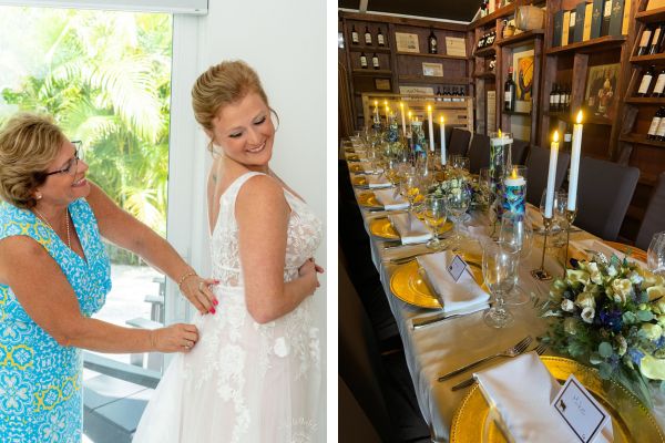 two photos - one of a bride and her mother, and the other showing a restaurant decorated beautifully for a wedding reception