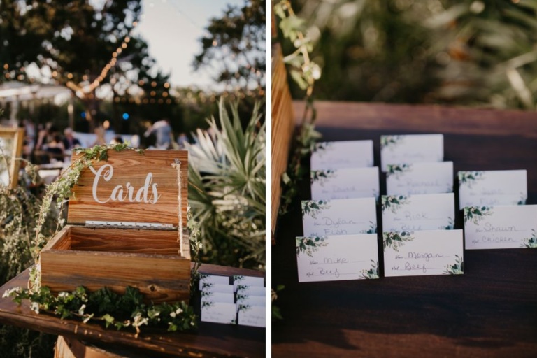 card box and placecards at a rustic outdoor wedding