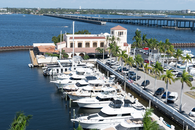 an aerial shot of Pier 22 in Bradenton with yachts docked in the marina
