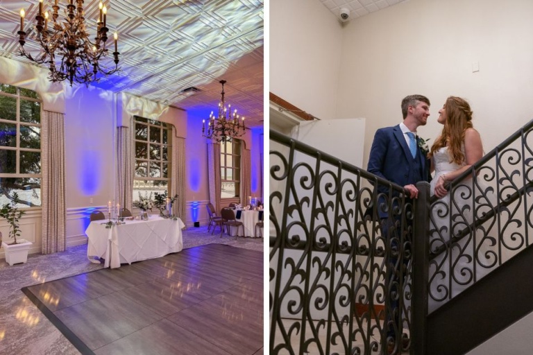 collages of two photos - one of a sweetheart table in a beautiful ballroom with purple uplights; one of a bride and groom leaning on an ornate railing
