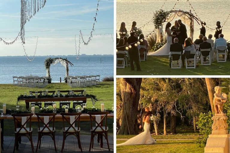 collage of three photos of an outdoor waterfront wedding ceremony at the Powel Crosley Estate in Sarasota, FL