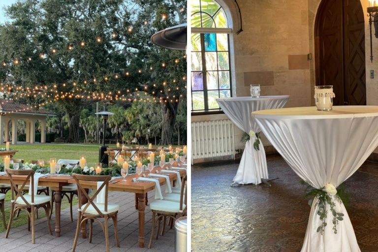 outdoor wedding reception tables at the Powel Crosley Estate in Sarasota FL