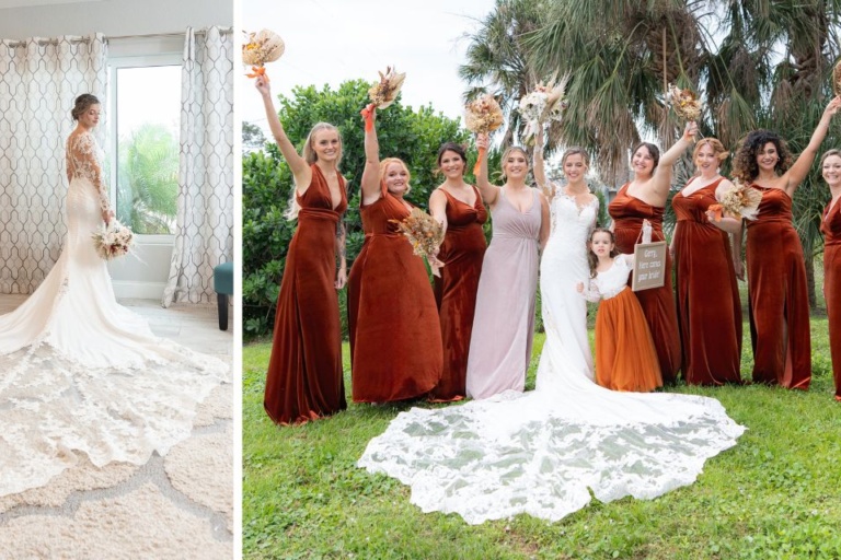 collage of two photos - a bride in her gown, and a bride with her bridesmaids in rust colored gowns