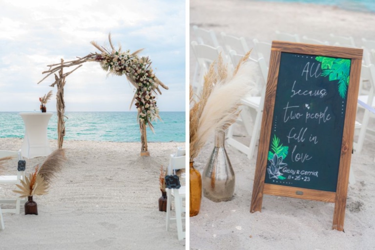 collage of two photos - beach wedding ceremony setup with a white arch decorated with flowers, and a photo of a chalkboard sign