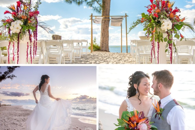 collage: Ceremony site with brightly colored tropical flowers on pedestals; photo of the back of the bride's gown on the beach at sunset; photo of a bride and groom looking lovingly at each other on the beach