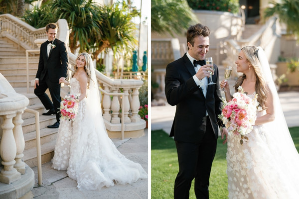 bride and groom walking up an opulent staircase; bride and groom smiling and sipping champagne