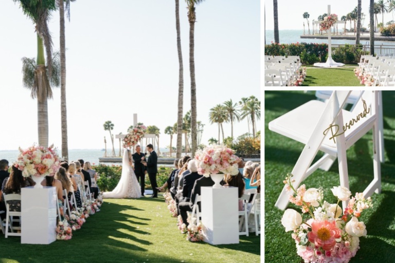 collage: photo of a wedding ceremony on the water in Sarasota; photo of a wedding ceremony site with a large cross; photo of a chair at a wedding ceremony with a floral bouquet and a reserved sign beside it