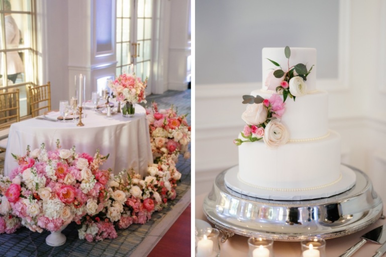 collage: photo of a sweetheart table surrounded in beautiful flowers; photo of a white cake decorated with pink and white flowers on a silver stand