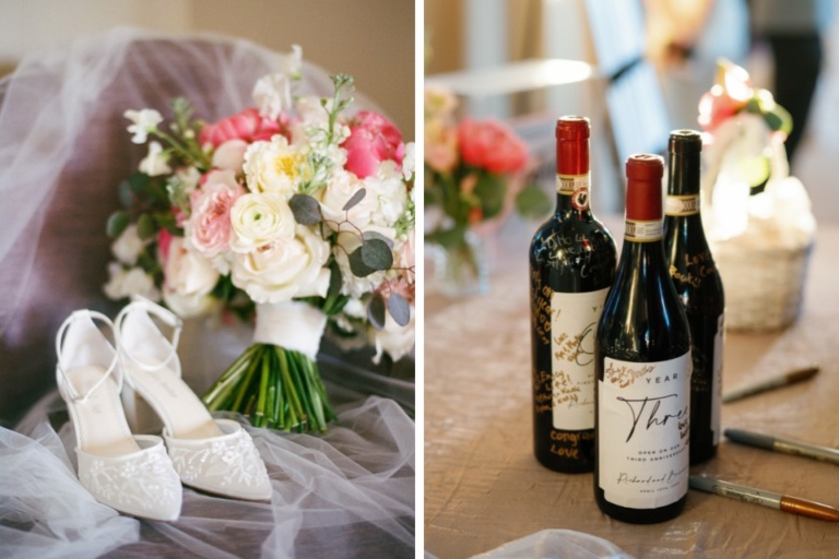 collage: photo of white bridal shoes and a bouquet of pink and white flowers; photo of wine bottles