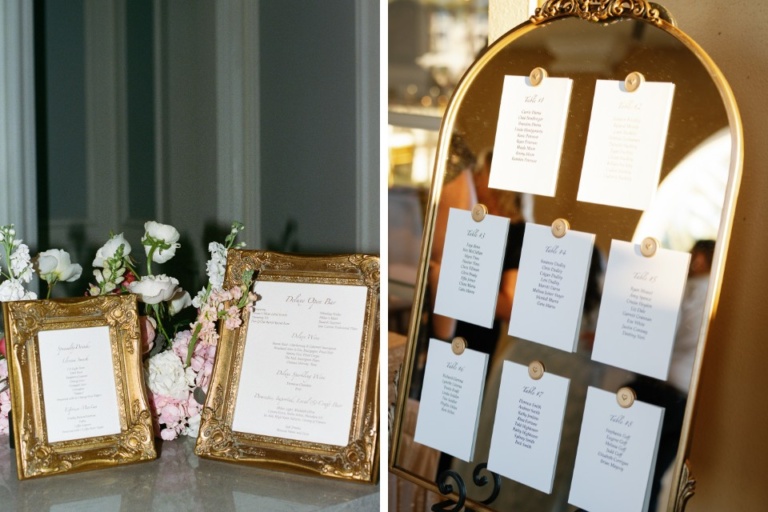 collage: photo of two golden frames; photo of a golden mirror with table cards