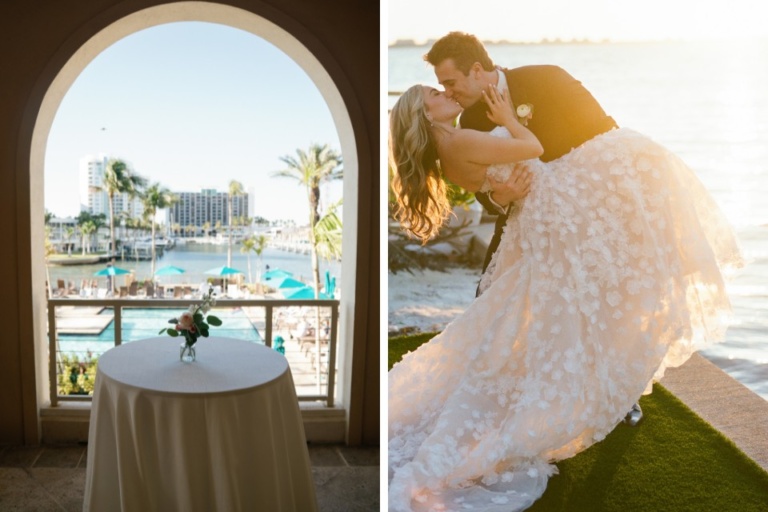 collage: photo of a table with a white tablecloth framed in an archway overlooking a resort pool; photo of a bride and groom kissing in the golden light of dusk