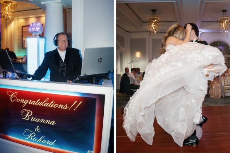 collage: DJ Steve smiling behind his DJ booth; photo of couple twirling on the dance floor