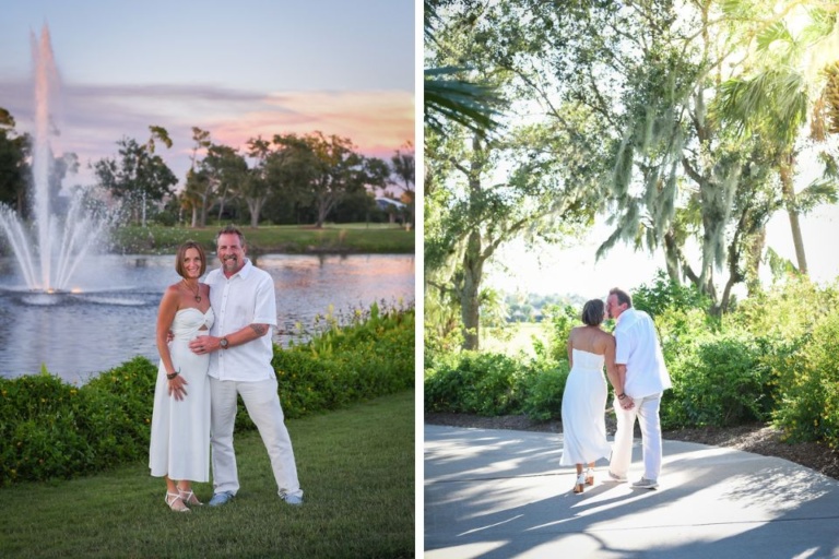 collage: photo of bride and groom walking down a tree-lined path, photo of couple standing beside a pond at sunset