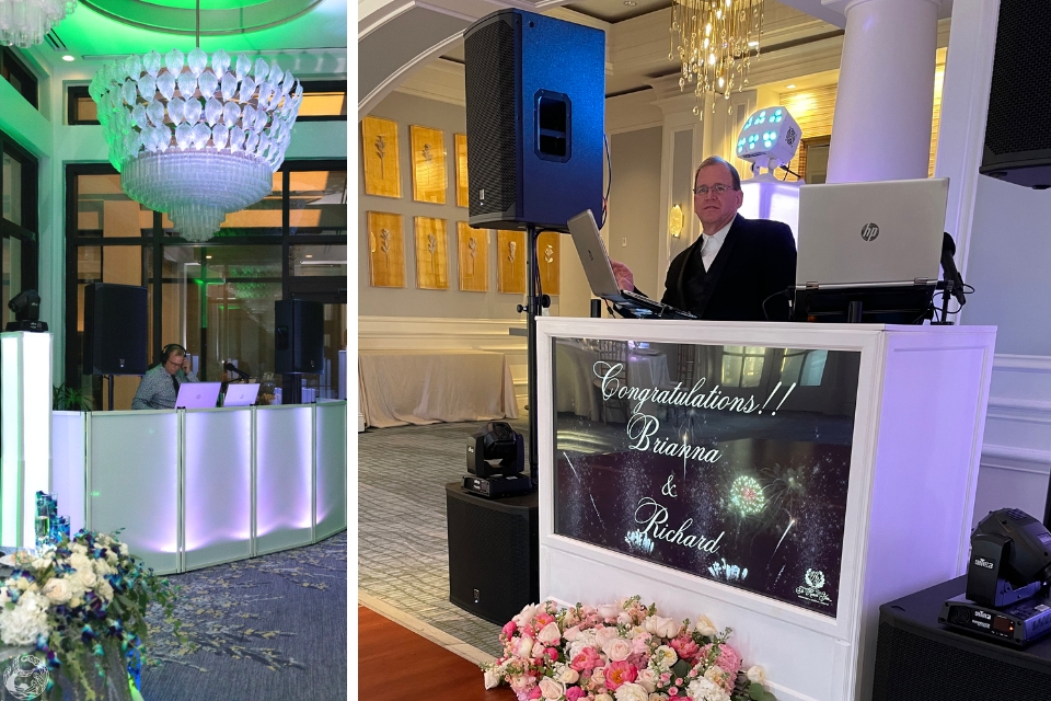 wedding DJ with sound system, lighting, and a TV display at upscale resort hotel wedding in Florida